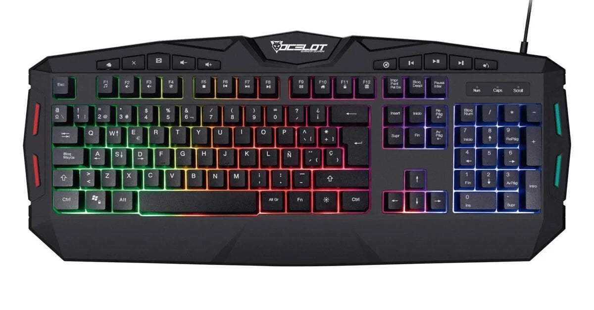 Teclado Ocelot Gaming OGEK03 alambrico/ membrana/ plástico/ negro/ iluminación tipo arcoiris